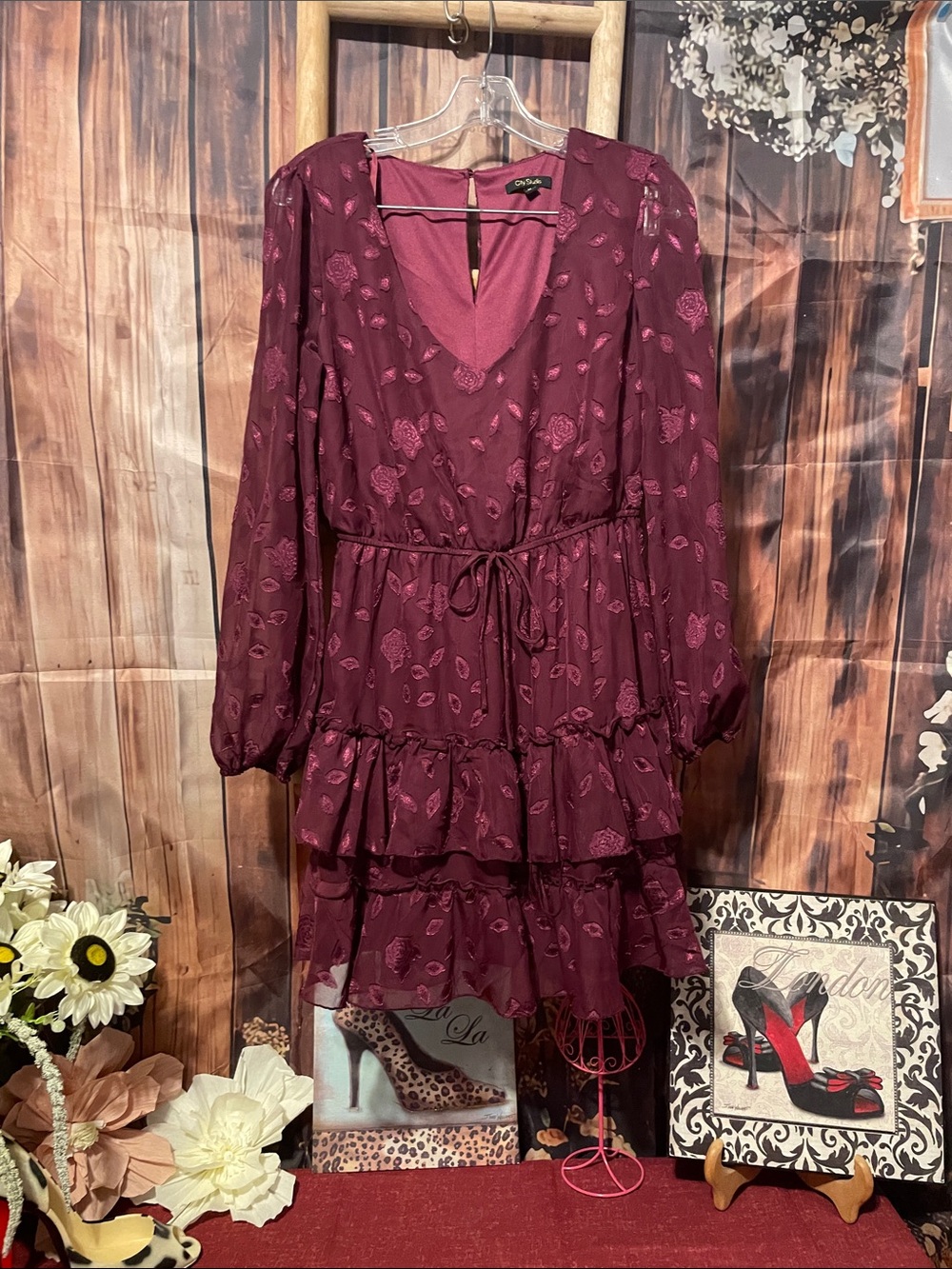 City Studio Wine Floral Tie-Waist Long Sleeve Ruffle Dress